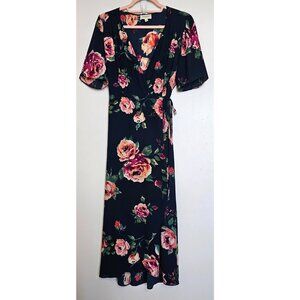 Everly Annelise Navy Floral Short Sleeve Wrap Midi Dress, L